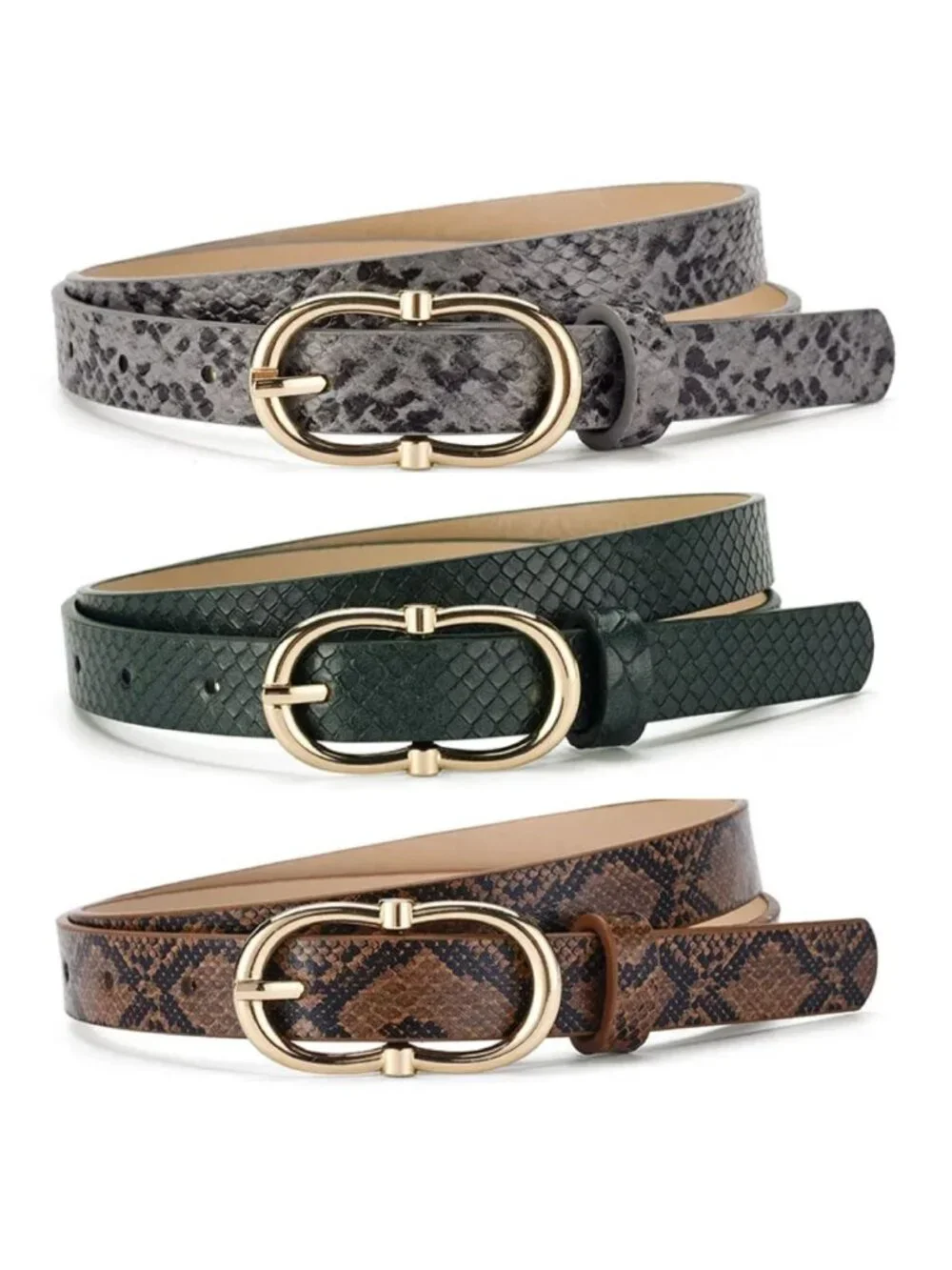 Snake Print PU Leather Skinny Belt Set Beige, Purple, Black & White Gold Metal